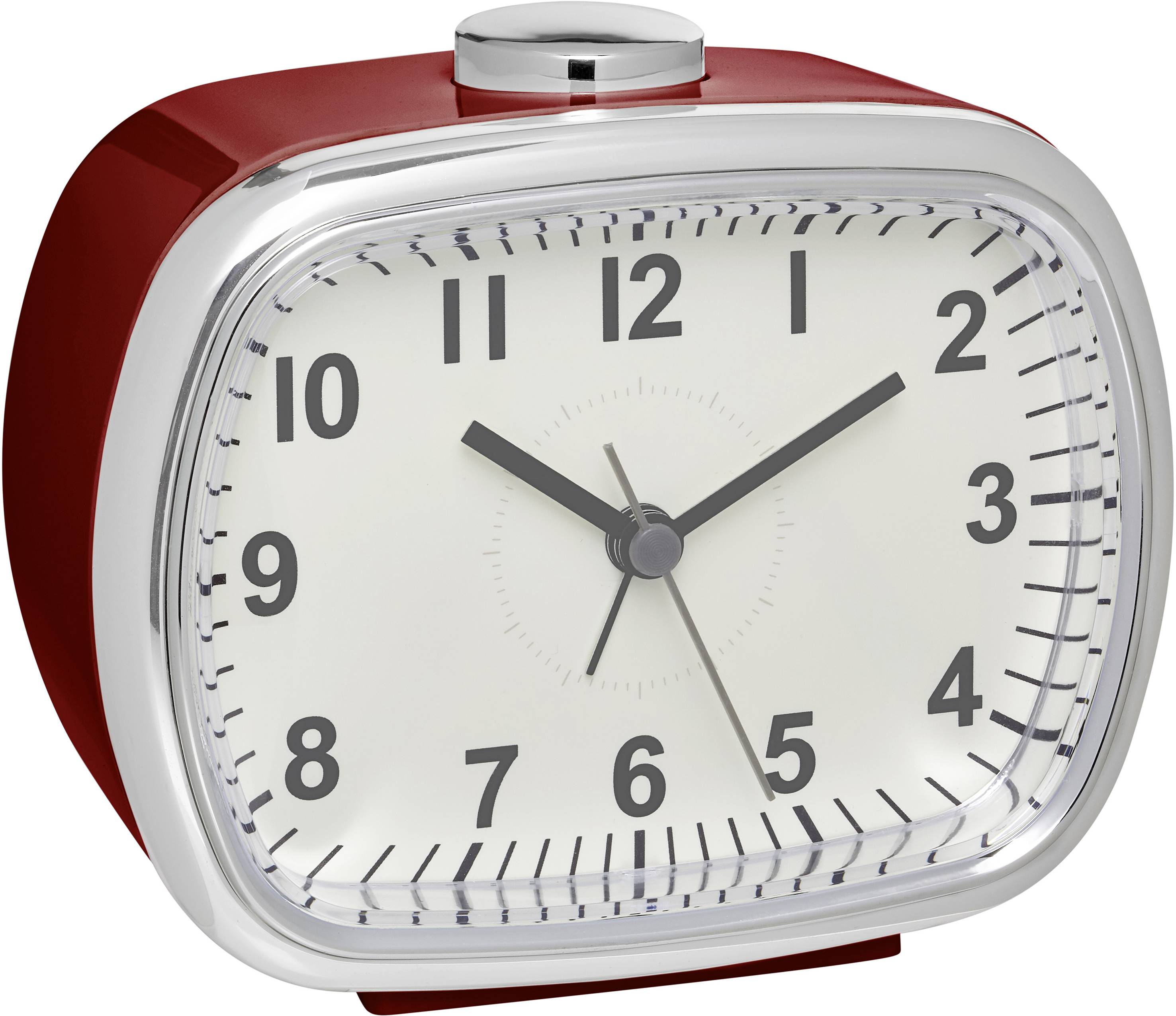Une horloge de table rectangulaire rouge indique 10h10.