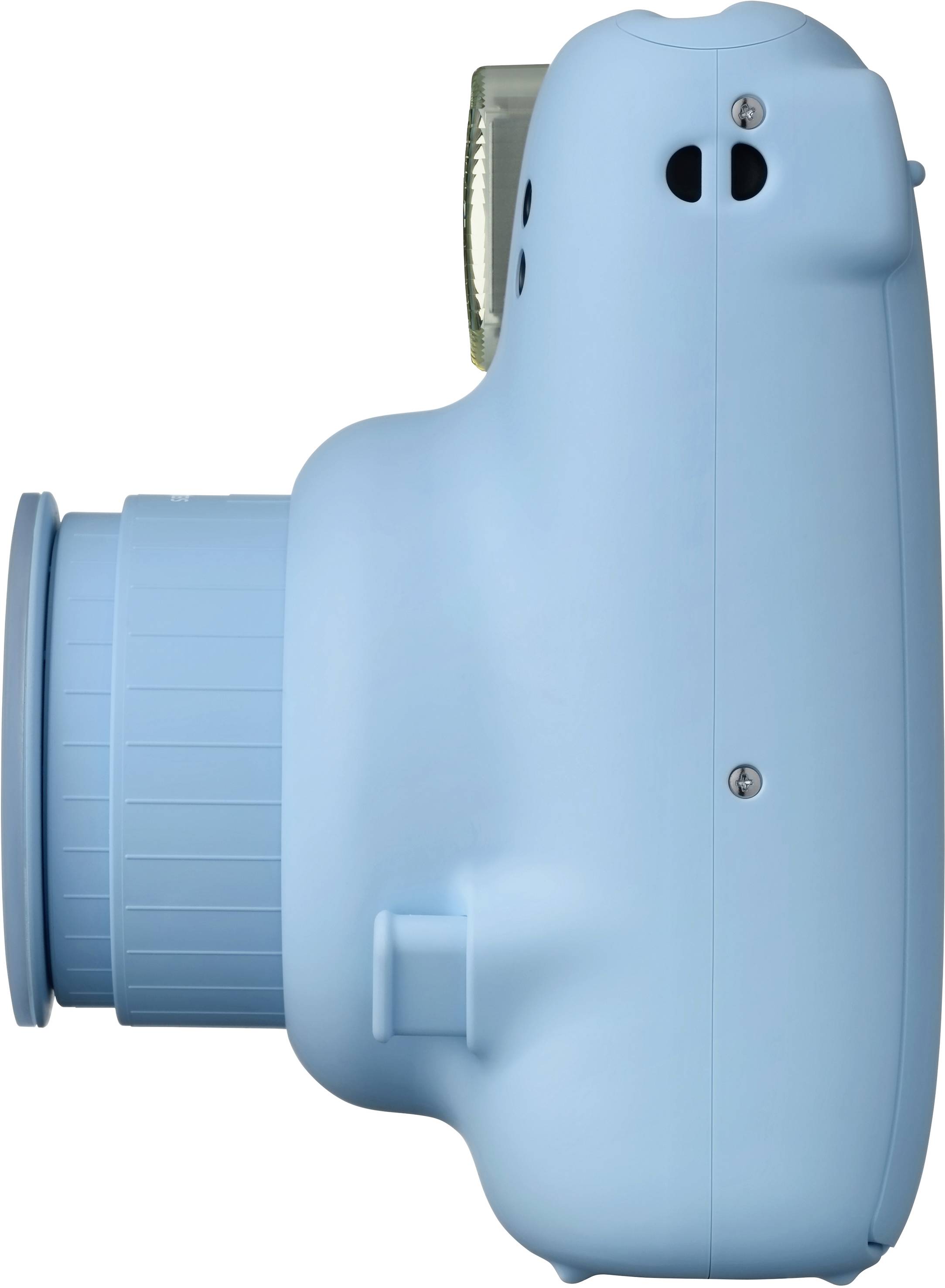 Vue latérale d'un appareil photo instantané bleu avec l'objectif déployé. Contours et détails de la forme de l'appareil photo clairement identifiables.