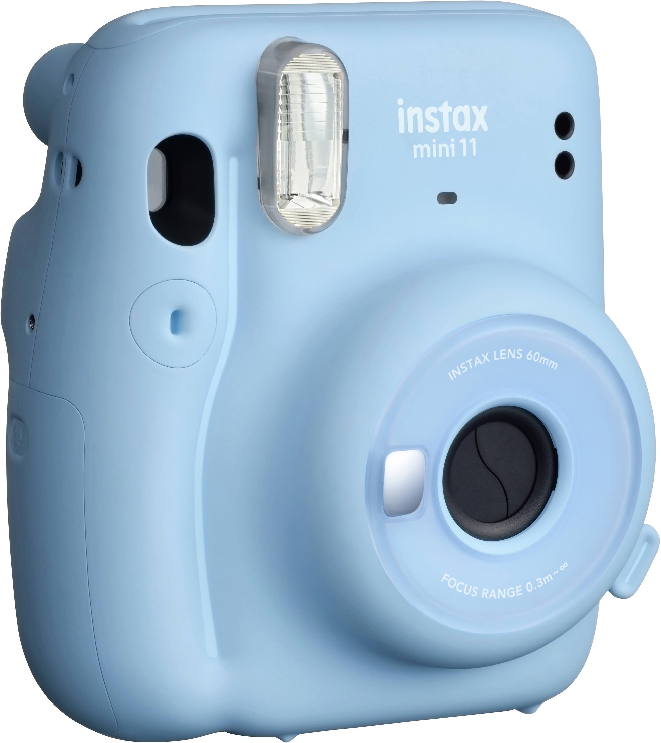 Un appareil photo instantané bleu, modèle 'Instax Mini 11', avec flash intégré et objectif.