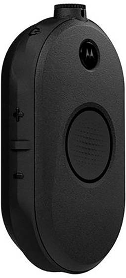 Un dispositif de communication noir et ovale avec un régulateur de volume et un grand bouton central.