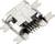 Un composant de connexion USB avec boîtier métallique et cinq broches dorées utilisées pour la connexion électronique.