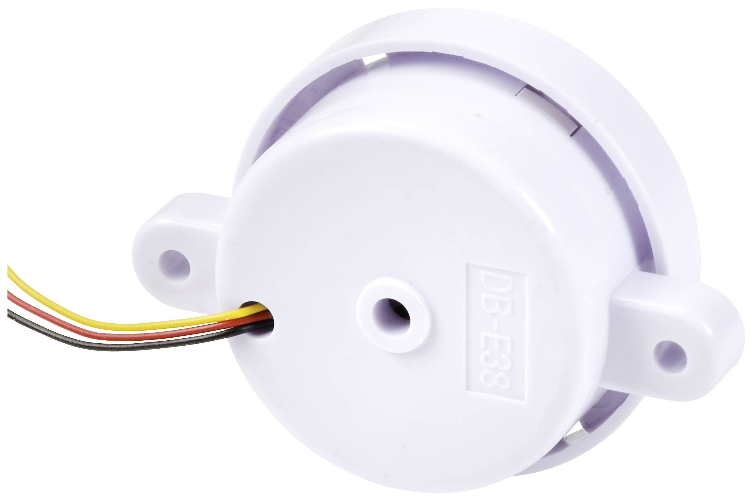 Petit haut-parleur rond et blanc, muni de trois câbles colorés pour l'alimentation électrique et de supports de montage sur les côtés.