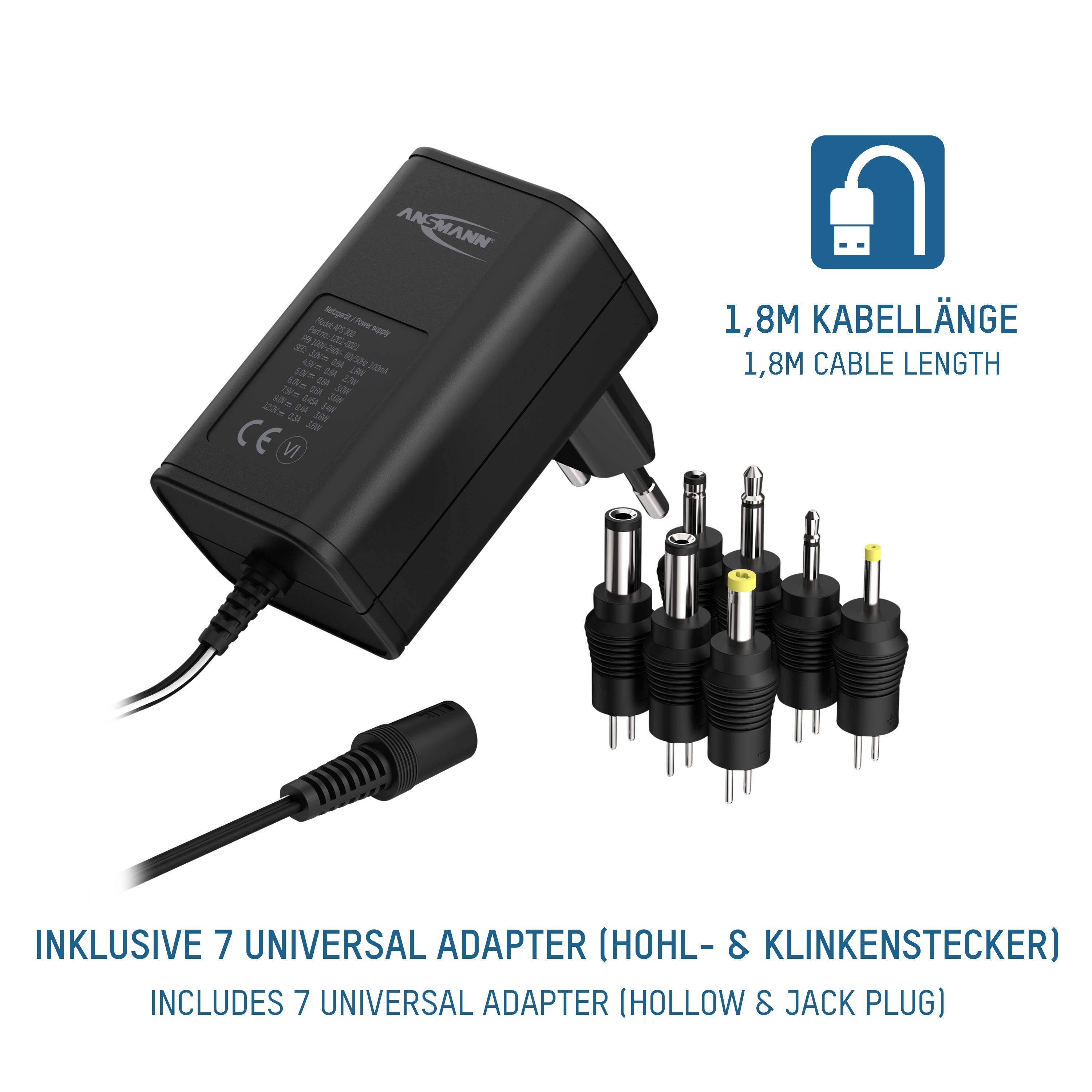 Bloc d'alimentation noir avec câble de 1,8 m et sept fiches adaptateurs différents. Texte : 'Comprend 7 adaptateurs universels (fiches creuses et jack)'