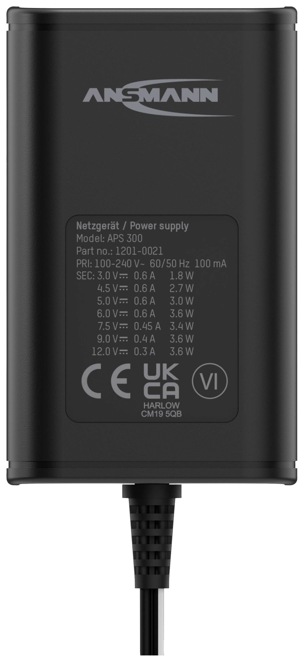 Appareil d'alimentation noir de la marque Ansmann, modèle APS 300. Spécifications techniques et certifications imprimées, incluant le marquage CE.