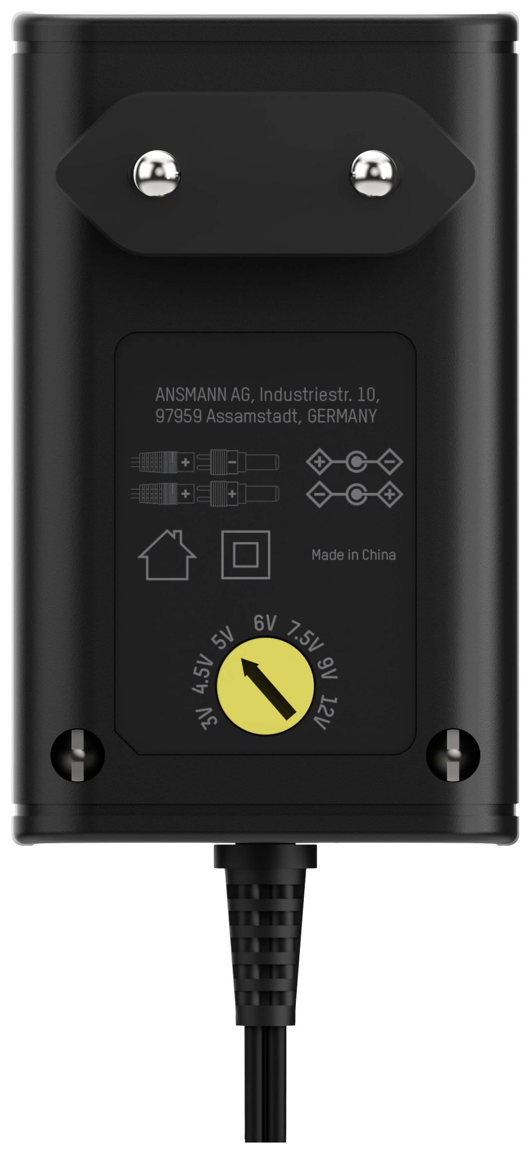 Bloc d'alimentation noir avec tension réglable de 3V à 12V. Le nom de la marque et le lieu de fabrication sont imprimés.