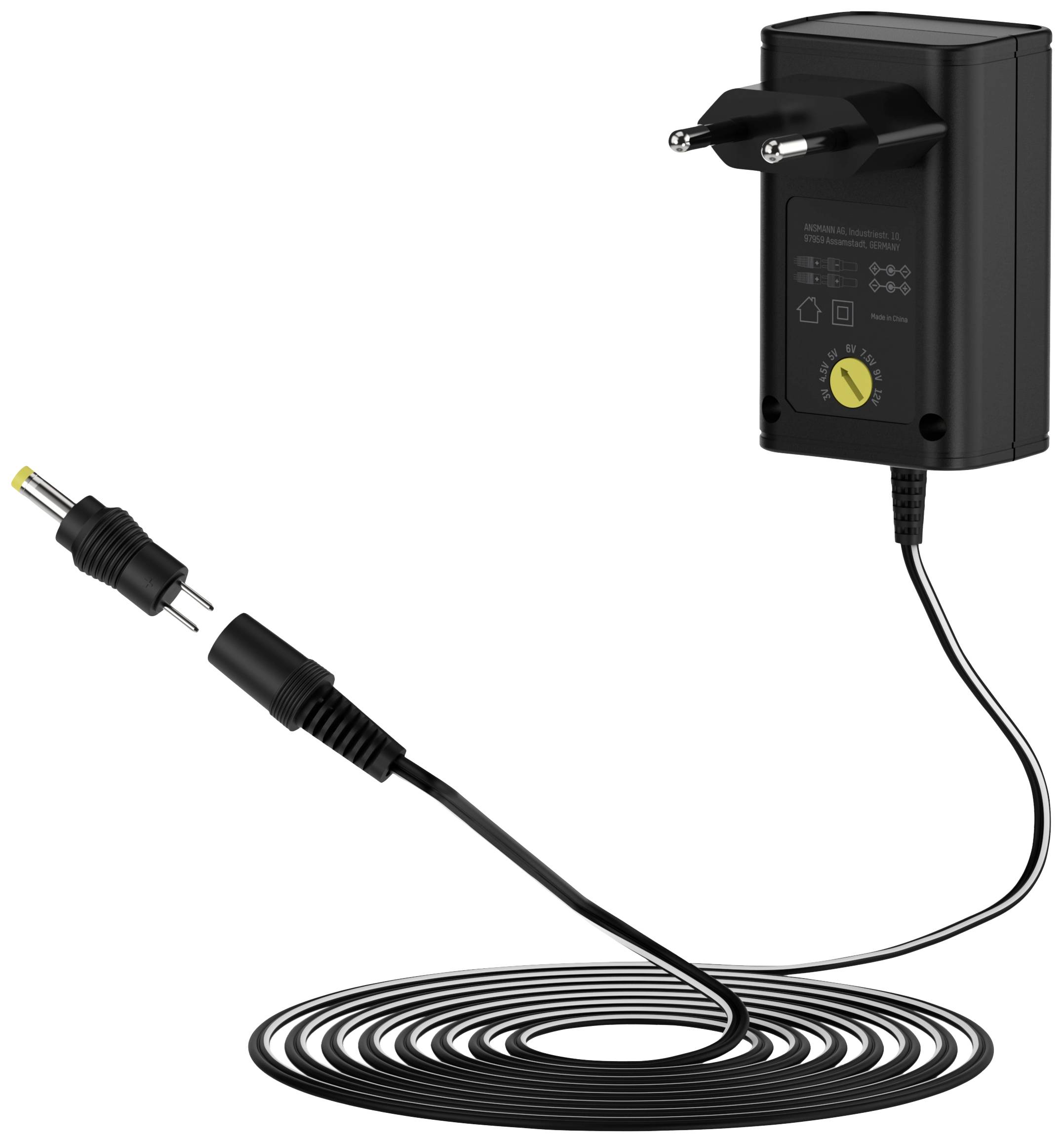 Bloc d'alimentation noir avec fiche européenne et molette jaune montrant comment l'électricité est transmise via un câble avec une prise CC.