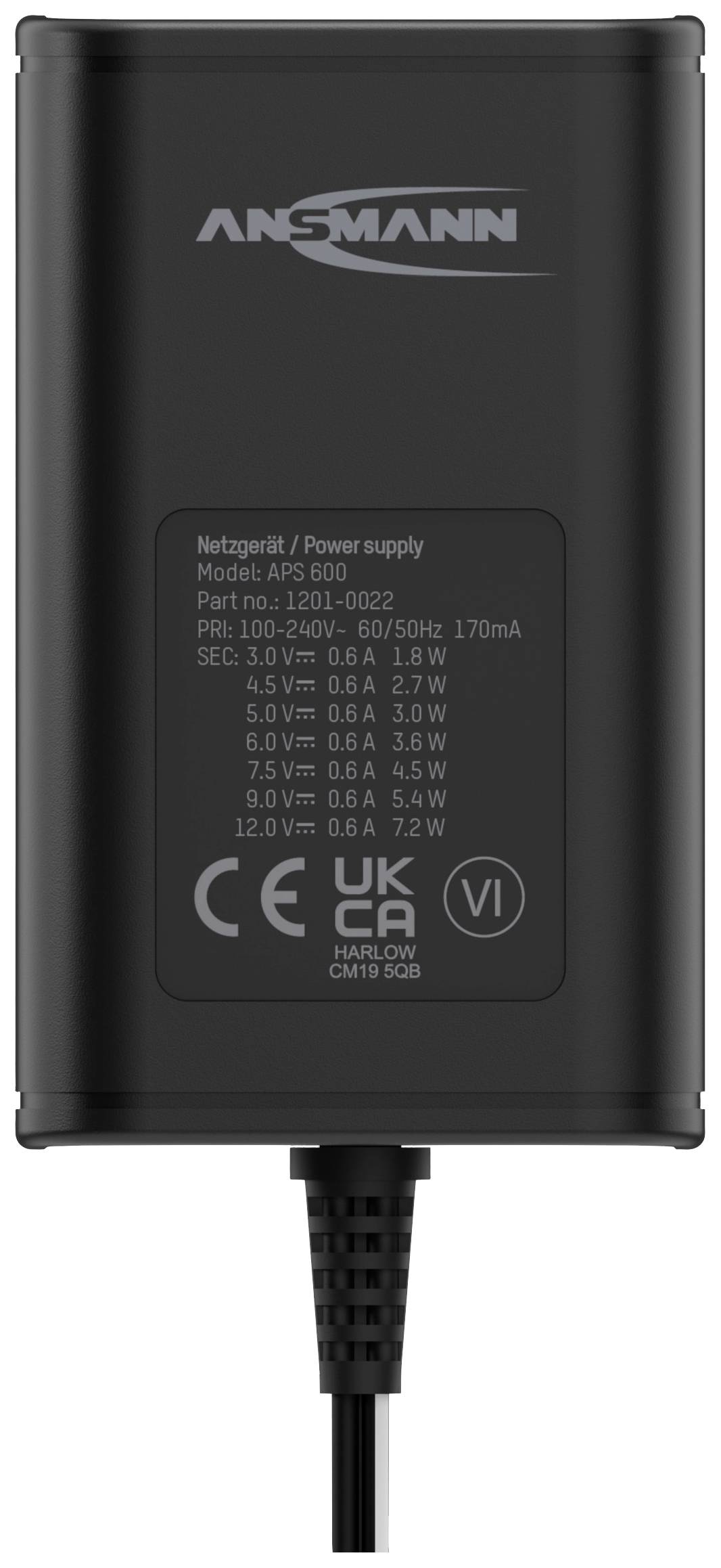 Alimentation Ansmann APS 800 noire, entrée 100-240V, sortie 3-12V avec puissance variable. Câble situé sous l'appareil.