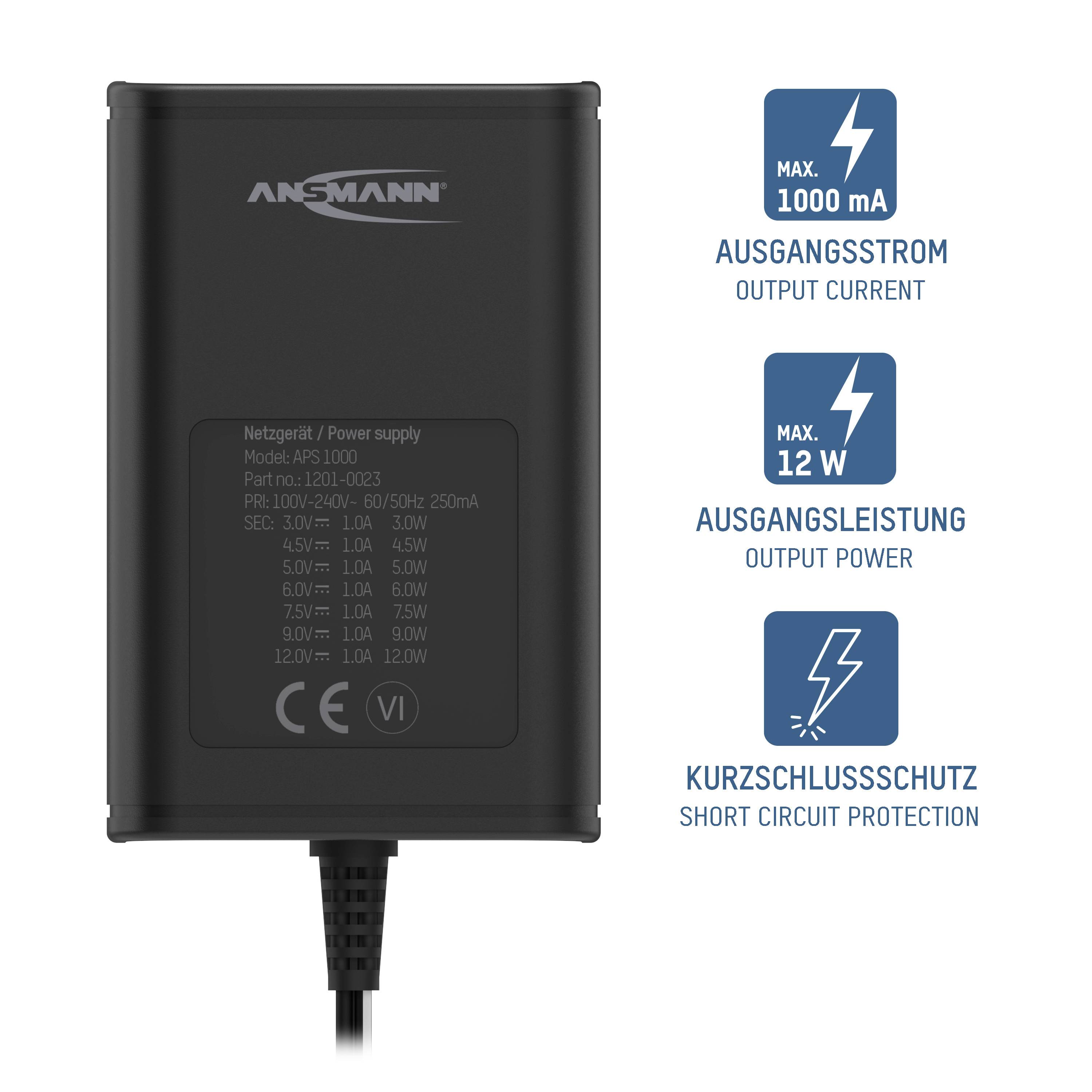 Bloc d'alimentation 'Ansmann' avec un courant de sortie max. de 1000 mA, une puissance de sortie max. de 12 W, avec protection contre les courts-circuits.