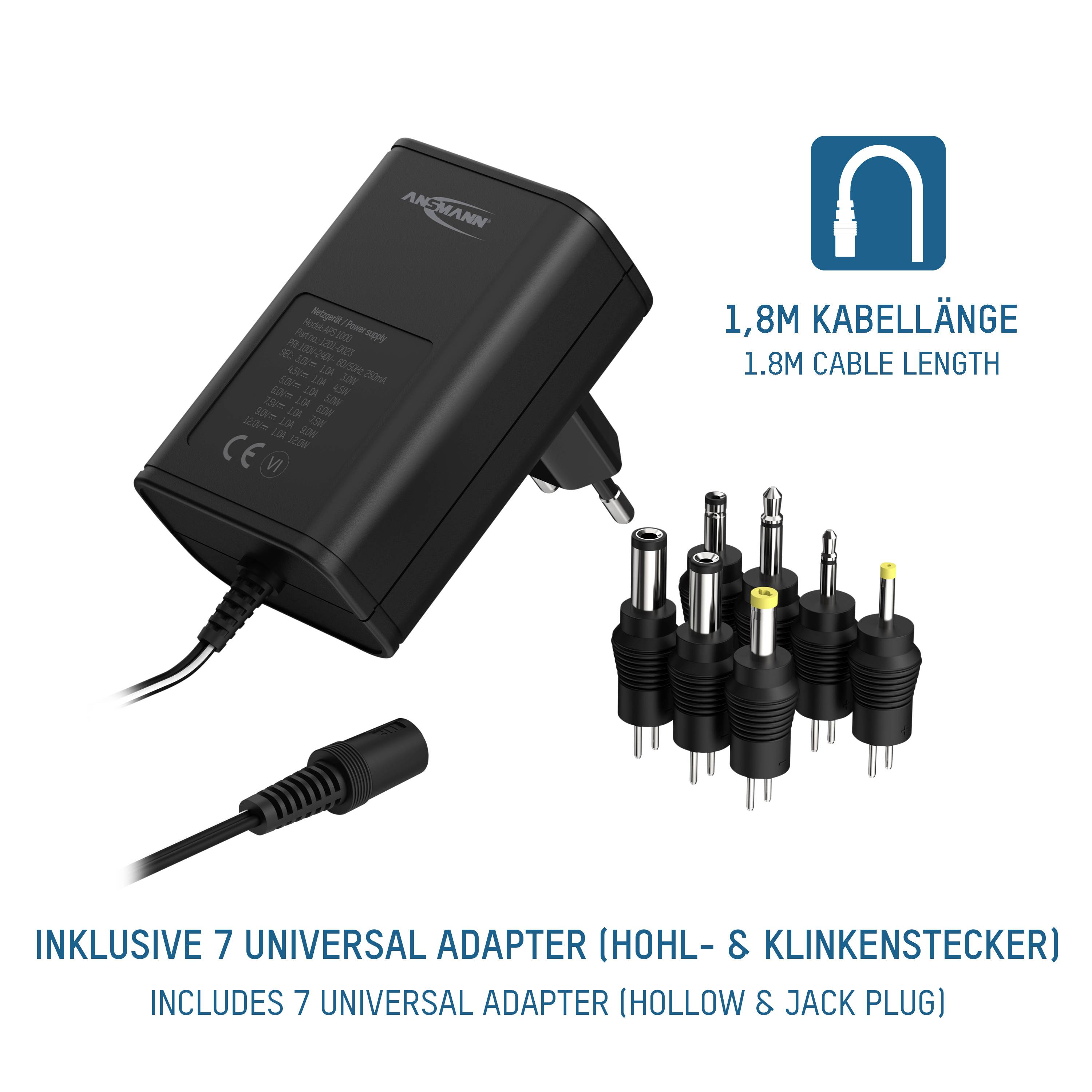 Chargeur avec câble de 1,8 m et 7 adaptateurs universels, adapté à différents appareils. Indication des fiches creuses et des fiches jack.