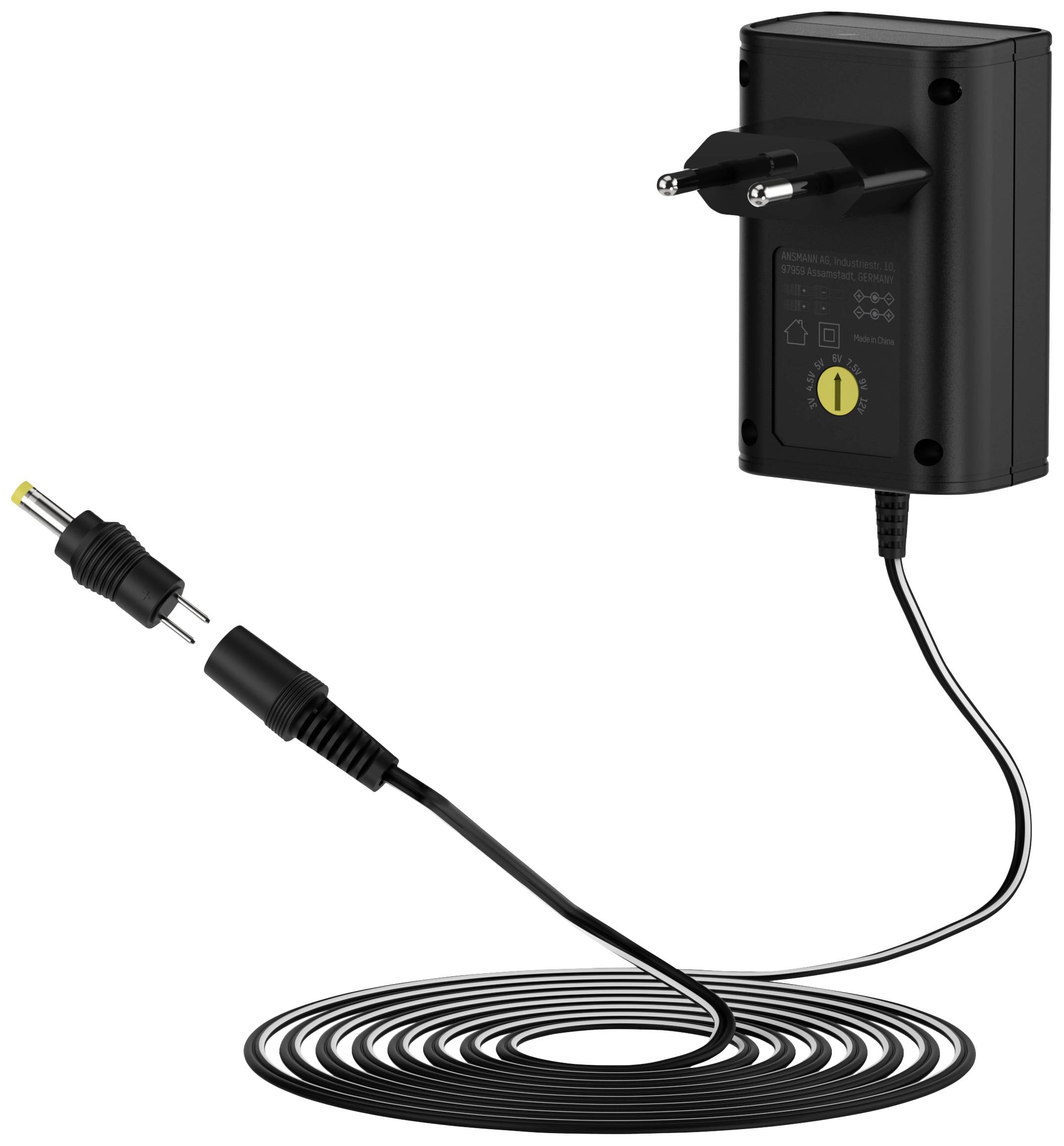 Bloc d'alimentation noir avec un anneau jaune à l'extrémité du câble, adapté pour la connexion à des appareils électroniques.