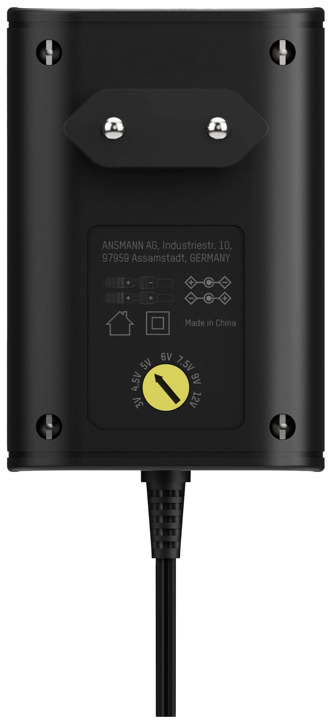 Chargeur noir avec câble, deux contacts métalliques supérieurs et un mode d'emploi sur la face avant. Fabriqué en Chine.