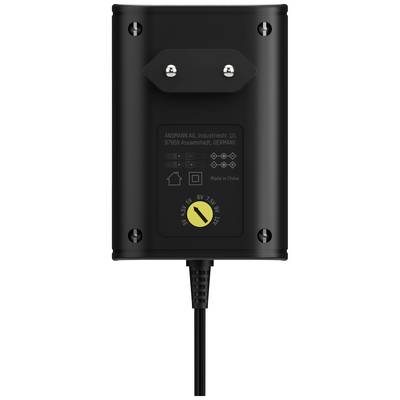 Chargeur noir avec câble, deux contacts métalliques supérieurs et un mode d'emploi sur la face avant. Fabriqué en Chine.