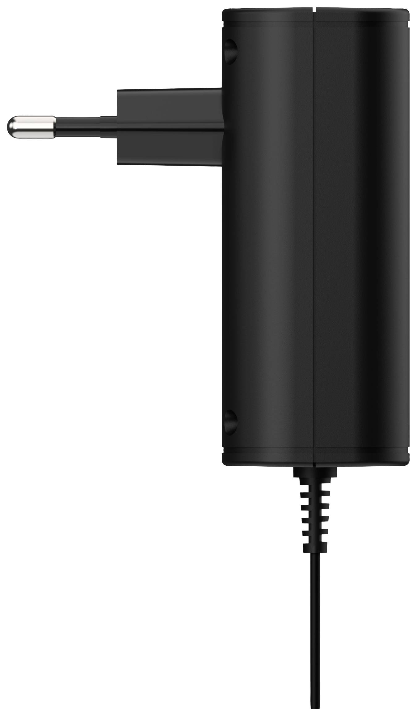 Un chargeur noir de profil avec une fiche européenne et un câble, présenté verticalement et orienté vers la droite.