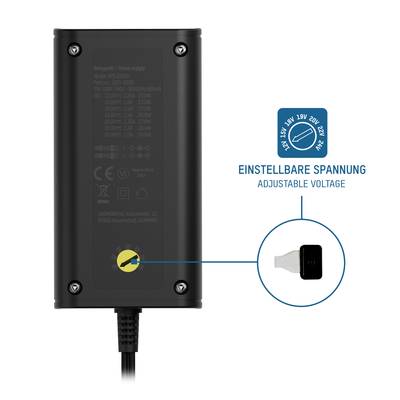 Bloc d'alimentation noir avec tension réglable entre 15V et 24V, illustré par un réglage de tension mis en évidence en bleu.