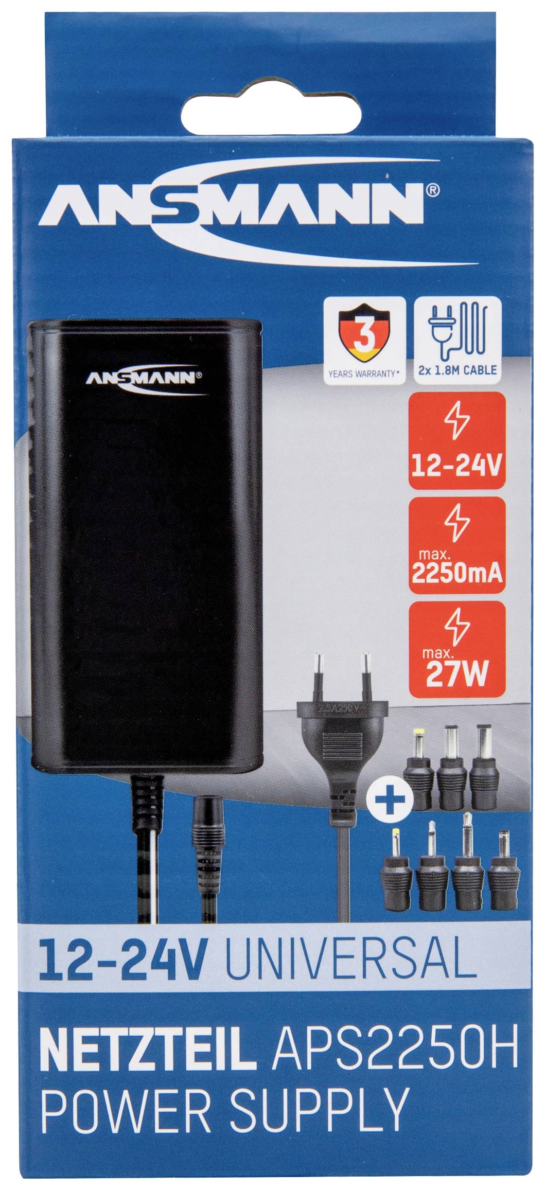 Emballage d'un adaptateur secteur universel Ansmann. Détails : Entrée 100-240V, Sortie 12-24V, max. 2250mA, 27W, avec fiches d'adaptation incluses.