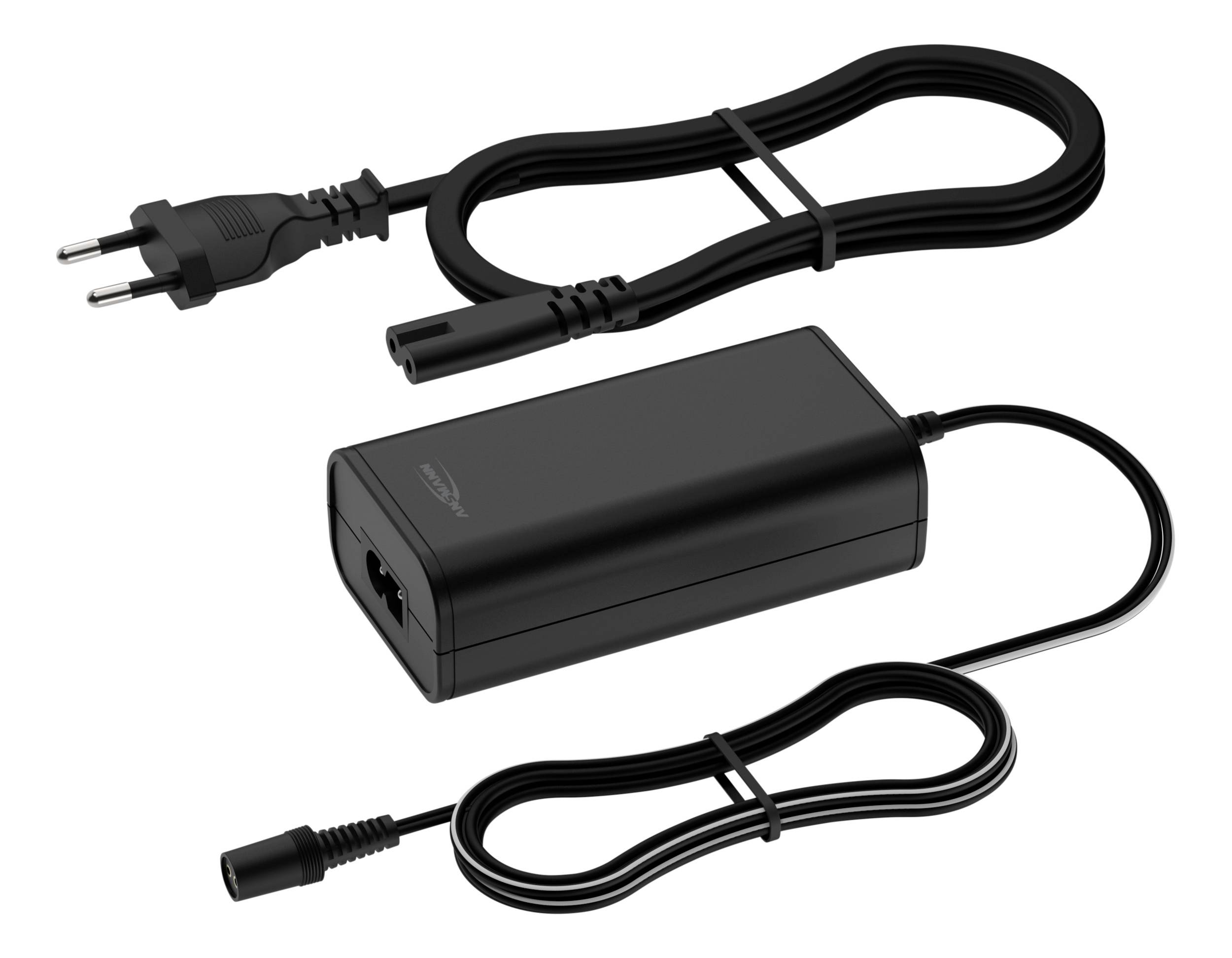 Bloc d'alimentation noir avec câble d'alimentation amovible pour appareils électroniques, représenté dans une vue diagonale.