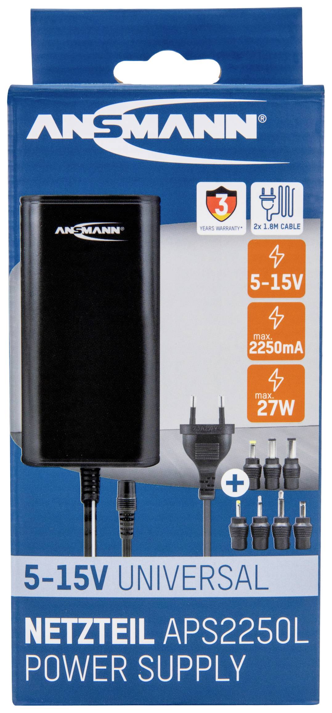 Emballage d'un adaptateur secteur universel ANSMANN avec 5-15V, 2250mA et 27W. Comprend un câble et différents embouts d'adaptation.