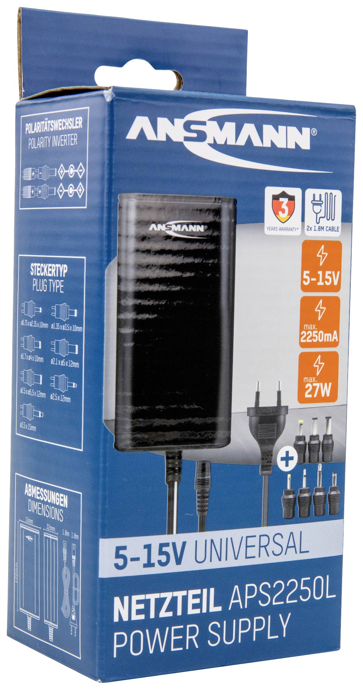 Bloc d'alimentation universel APS2250L sur l'emballage : Entrée 5-15V, 2250mA, 27W, comprenant un adaptateur et trois ans de garantie Ansmann.