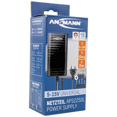 Bloc d'alimentation universel APS2250L sur l'emballage : Entrée 5-15V, 2250mA, 27W, comprenant un adaptateur et trois ans de garantie Ansmann.