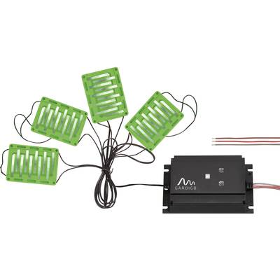 Un appareil électronique avec quatre plaques vertes, reliées par des câbles à une unité de contrôle noire, portant l'étiquette 'Gardigo'.