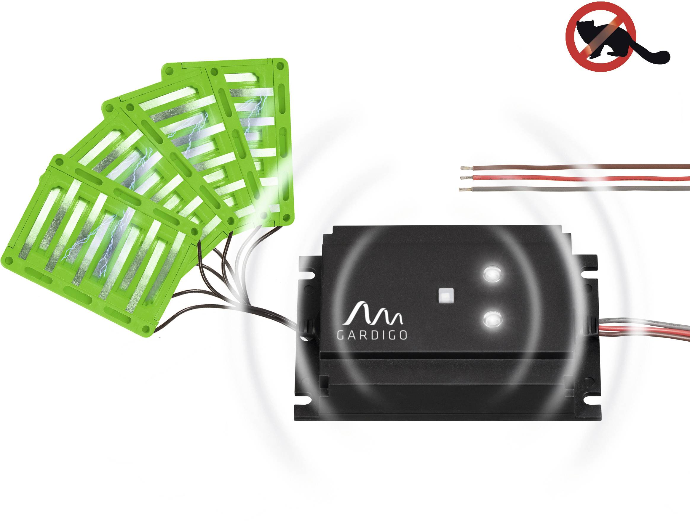 Dispositif électronique anti-rongeurs avec support de circuit imprimé vert et câbles. Symbole 'Rat barré' en haut à droite ; indique la fonction de répulsion.
