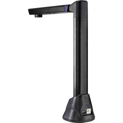 Un scanner de documents noir avec un bras flexible et un objectif de caméra à son extrémité supérieure.
