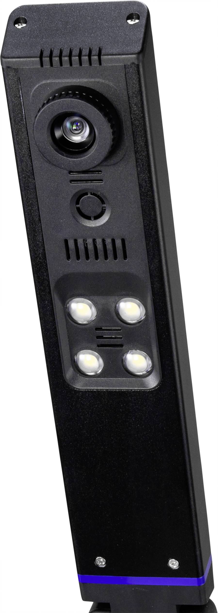 Une caméra de sécurité noire avec quatre lumières LED et un objectif en haut. Elle est adaptée à la surveillance intérieure.