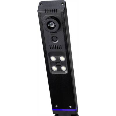 Une caméra de sécurité noire avec quatre lumières LED et un objectif en haut. Elle est adaptée à la surveillance intérieure.