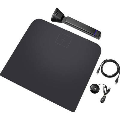 Station de charge sans fil noire avec support pliable, câble USB et adaptateur secteur ; convient à divers appareils électroniques.