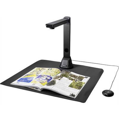Un scanner de documents numérise un livre ouvert. Sur la page du livre, on peut voir des textes et des articles illustrés.