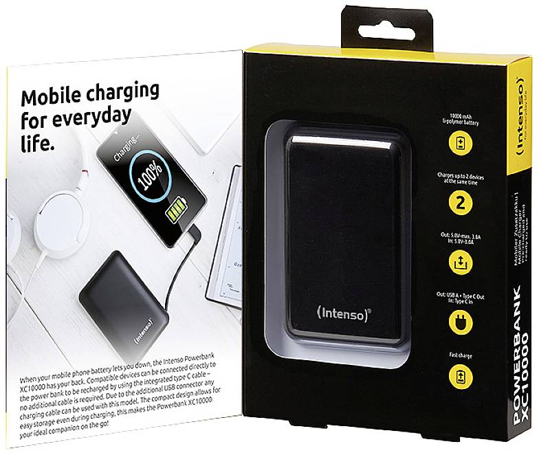 Batterie externe Schwarze Intenso en emballage. Texte : « Charge mobile pour le quotidien. » L'image montre la batterie externe connectée à plusieurs appareils.