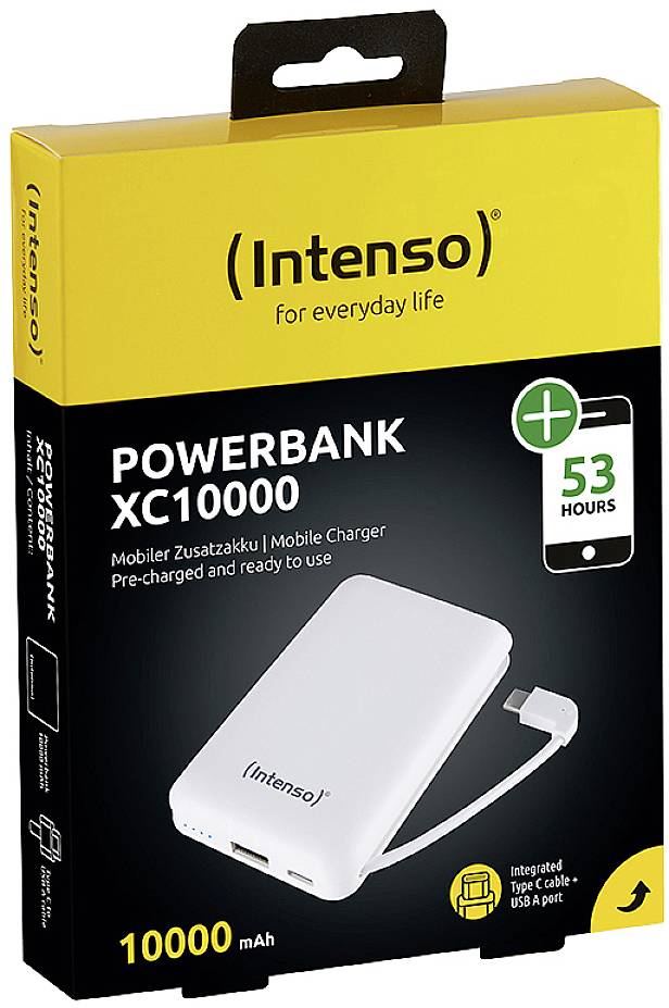 Emballage de batterie externe Intenso avec le nom de produit 'XC10000', capacité de 10000 mAh, et mention '53 heures', câble USB illustré.