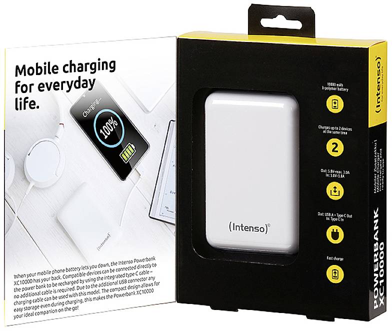 Emballage d'une batterie externe Intenso de 10 000 mAh, avec ports USB et fonction de charge rapide. À gauche, image de la batterie externe en cours d'utilisation.