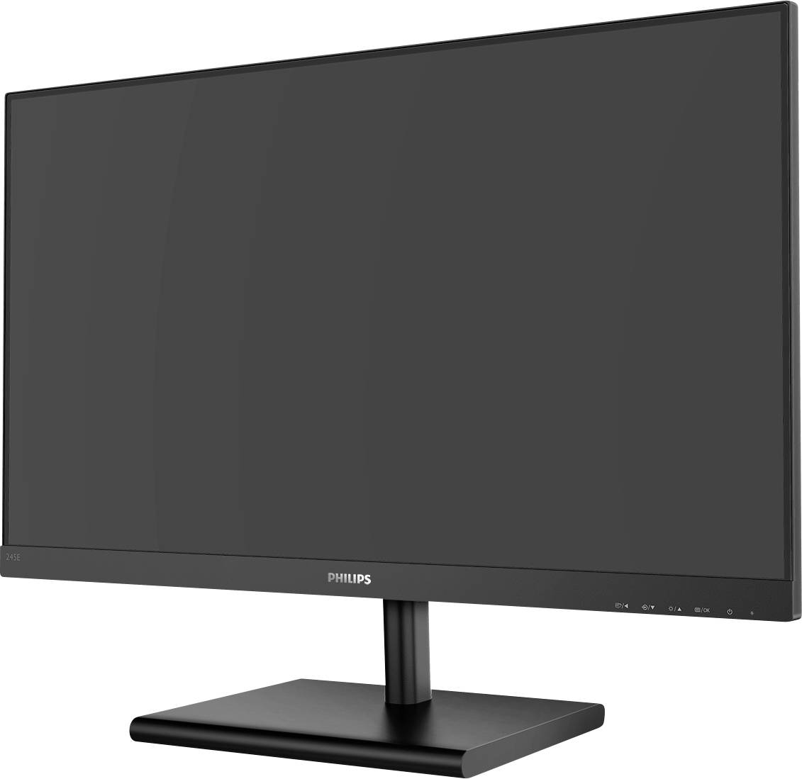 Un moniteur d'ordinateur noir, vu de côté, avec un cadre fin et un socle rectangulaire.