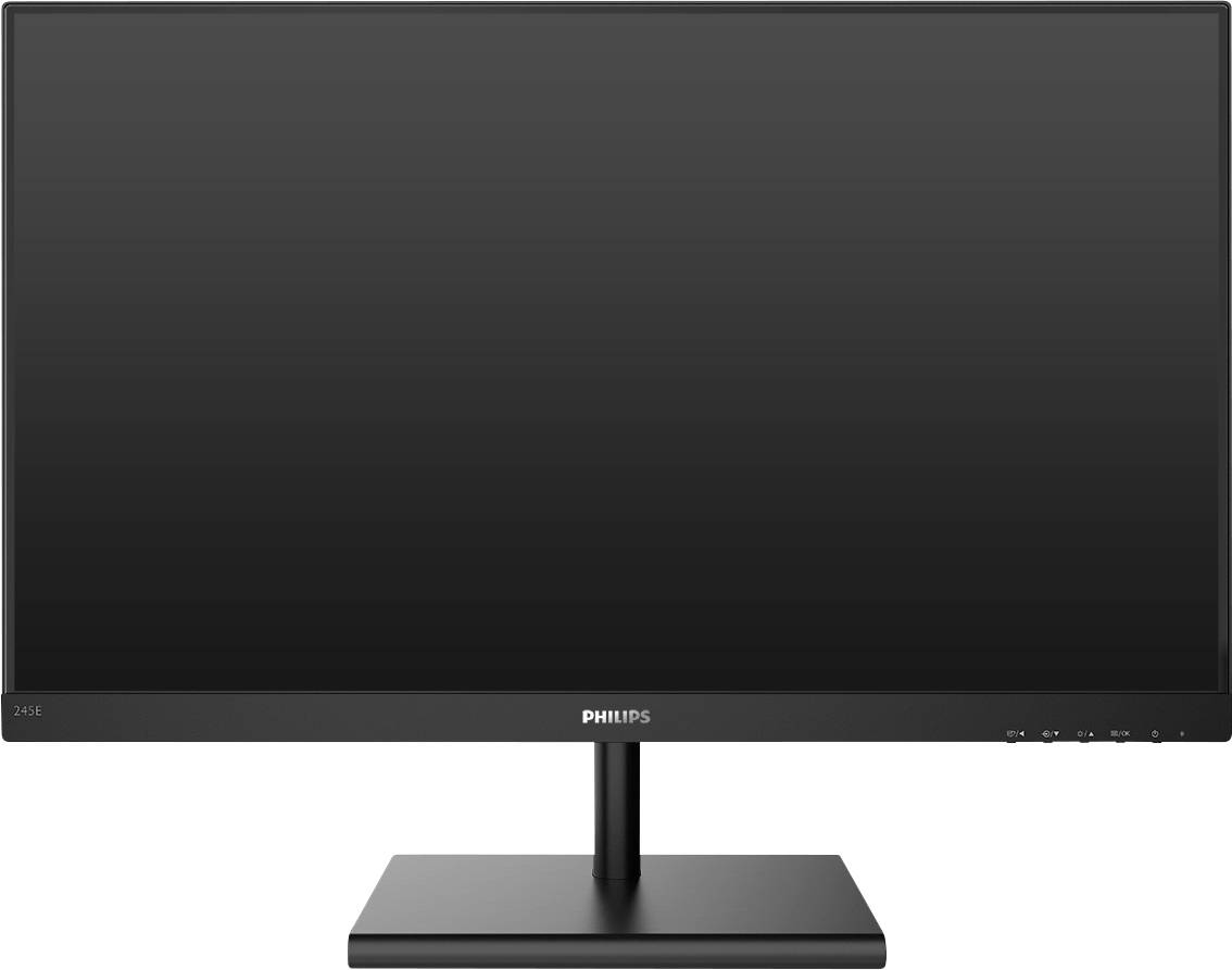 Écran d'ordinateur plat de Philips avec un cadre noir, bouton marche/arrêt situé au centre, reposant sur un socle rectangulaire.