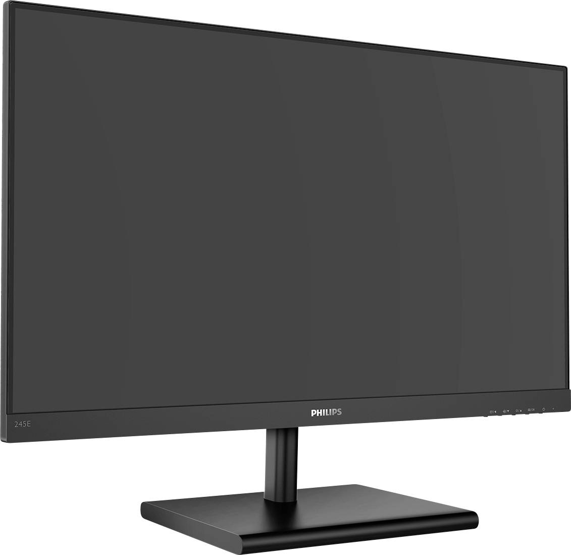 Un moniteur d'ordinateur noir au design élégant, avec un socle et des boutons situés dans le coin inférieur droit du cadre.