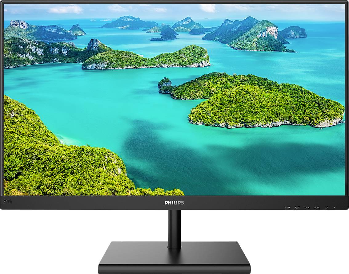 Un moniteur Philips avec un écran de 24 pouces affiche un paysage vivant avec des îles couvertes de verdure et de l'eau bleue en dessous.