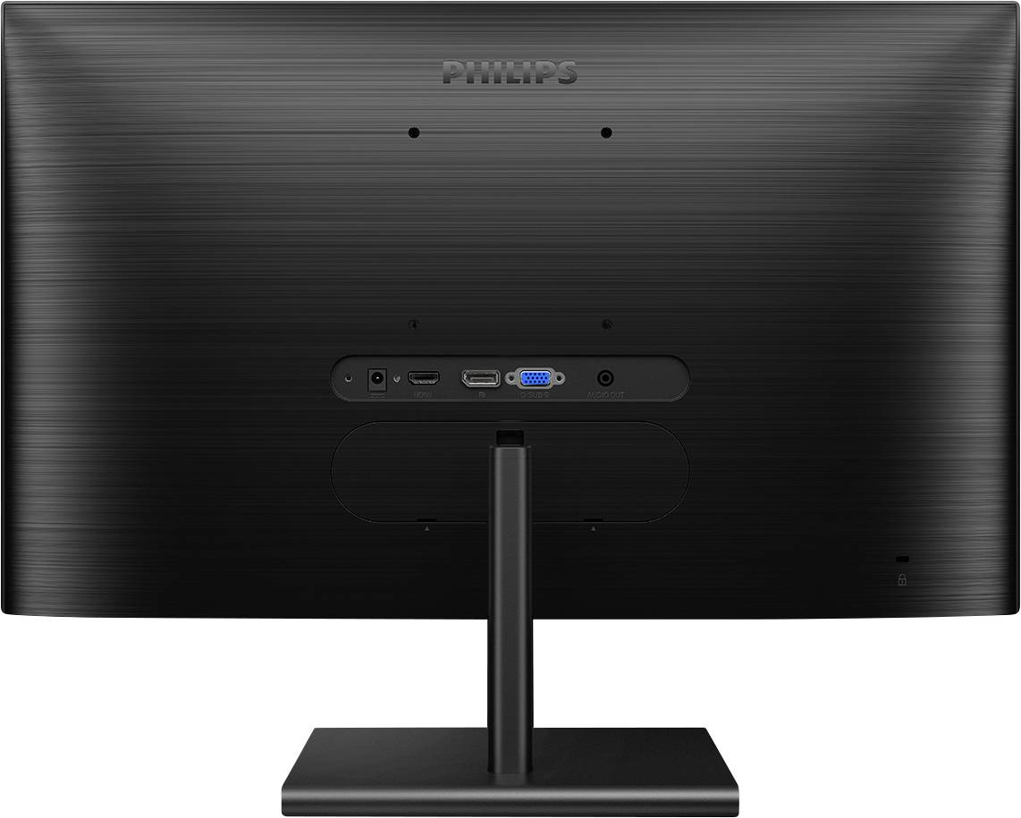 Vue arrière d'un moniteur noir avec les ports suivants : HDMI, VGA, USB-C. Le nom de la marque est visible en haut au centre.