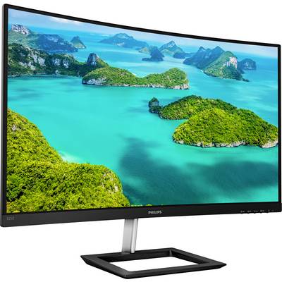 Un moniteur incurvé de Philips affiche un groupe d'îles tropicales dans des eaux d'un bleu turquoise lumineux et une végétation verdoyante.