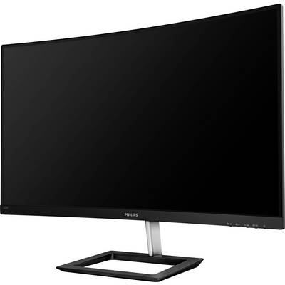 Un moniteur Philips incurvé à écran noir est posé sur un socle rectangulaire.