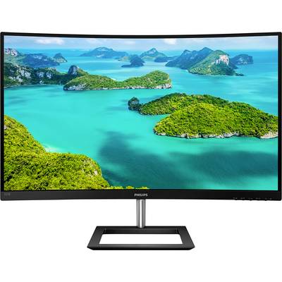 Un moniteur Philips incurvé affiche un paysage d'îles tropicales avec une mer bleue et des îles densément végétalisées sous un ciel dégagé.