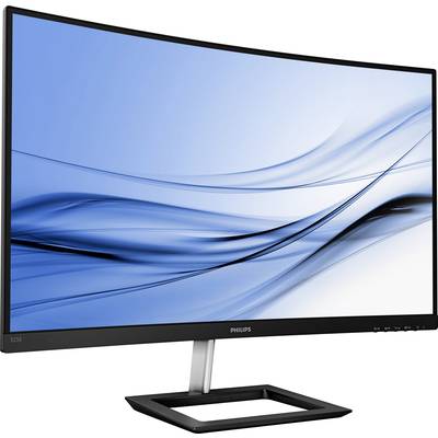 Un moniteur Philips incurvé avec un design élégant, affichant un arrière-plan bleu abstrait sur l'écran.