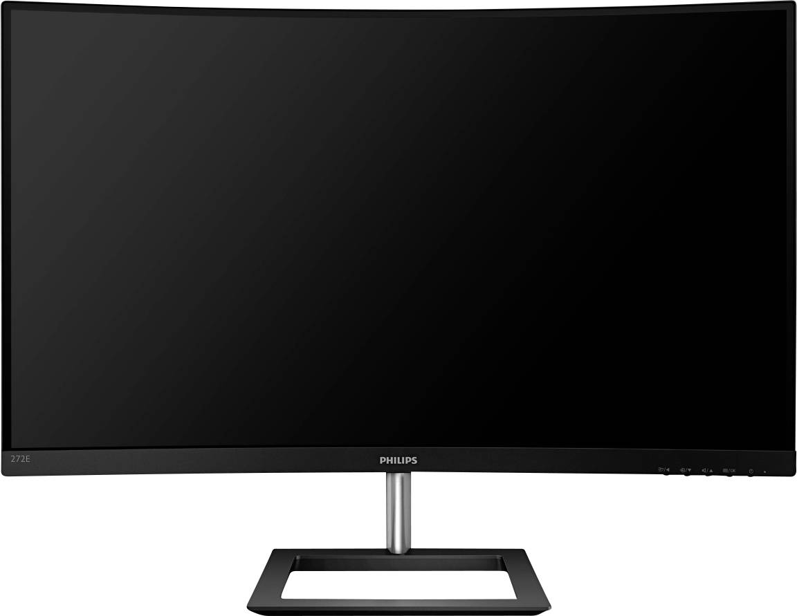 Un moniteur noir incurvé avec un socle minimaliste sur fond blanc.