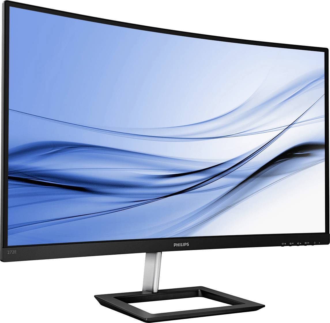 Un moniteur incurvé de Philips au design moderne, avec un cadre noir et un support stable. L'écran affiche des lignes ondulées bleues.