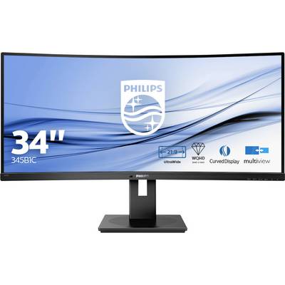 Un moniteur incurvé de 34 pouces WQHD de Philips, modèle 345B1C, avec un format ultra-large 21:9 et une fonction Multiview.