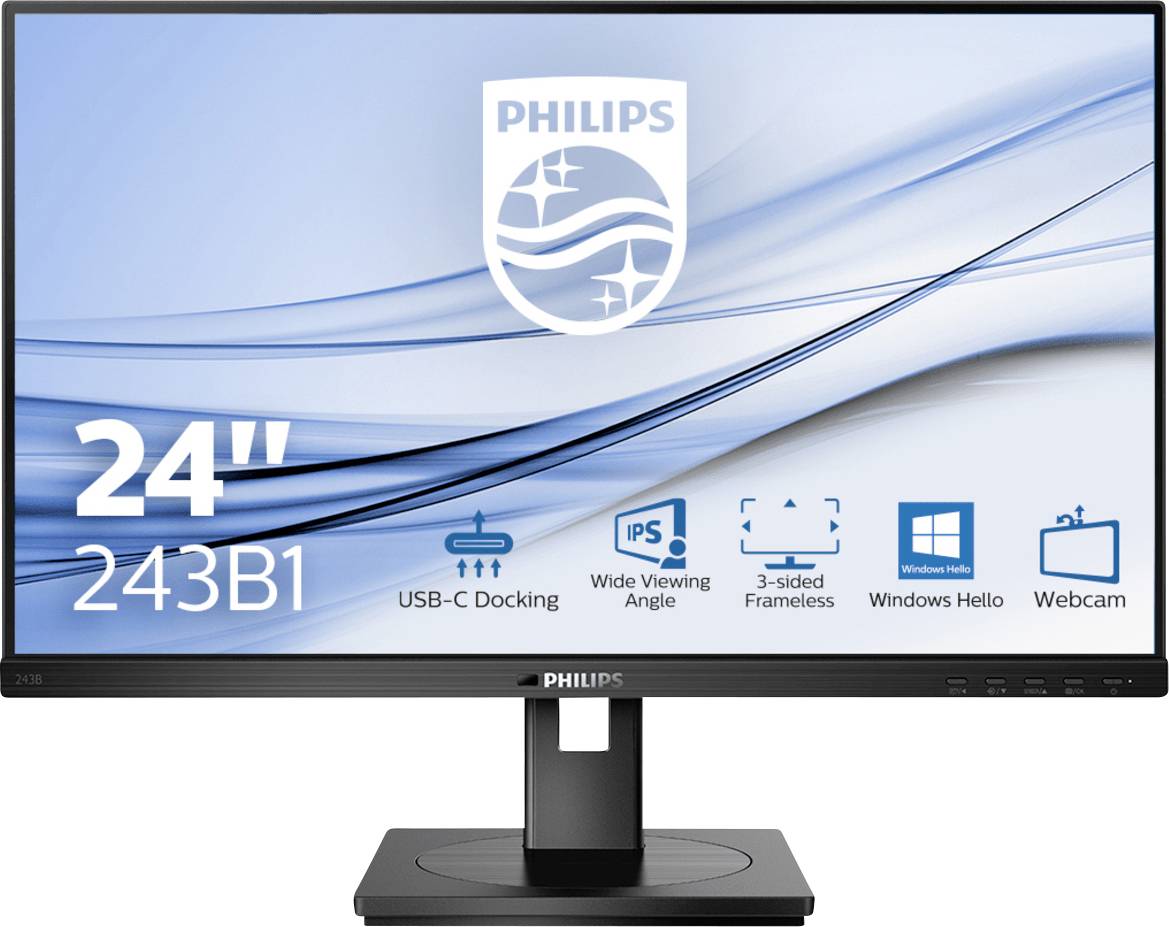 Moniteur Philips de 24 pouces, avec station d'accueil USB-C, large angle de vue, design sans bordure sur trois côtés, compatible Windows Hello et webcam intégrée.