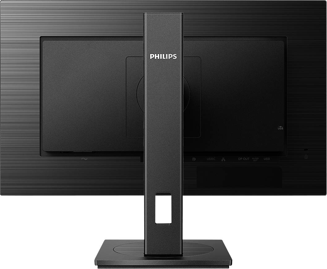 Un écran d'ordinateur noir vu de dos, avec un pied central et le nom de marque 'PHILIPS' inscrit à l'arrière de l'écran.
