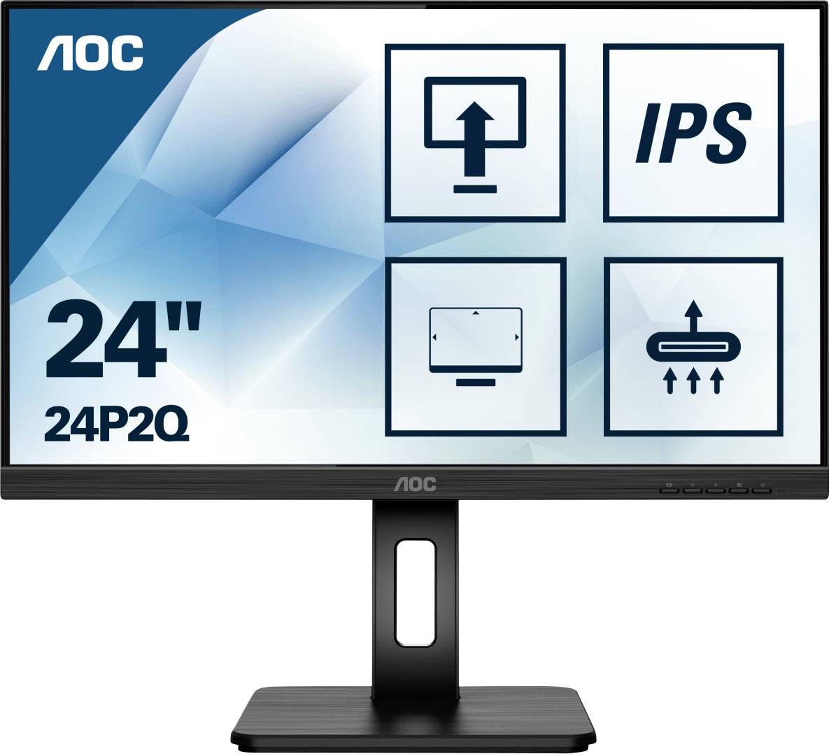 Un moniteur AOC de 24 pouces, modèle 24P2Q, affiche des symboles d'ergonomie, de technologie IPS, de réglage en hauteur et de fonction d'inclinaison.