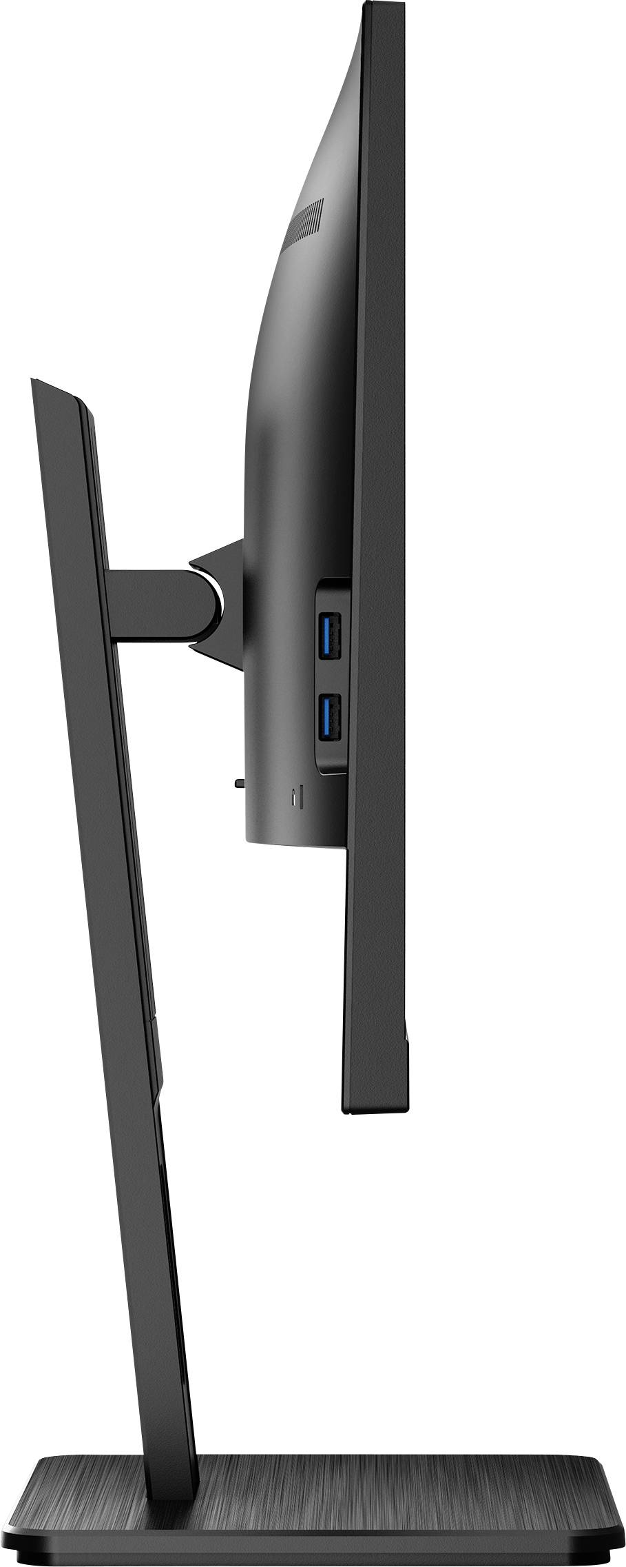 Vue latérale d'un écran d'ordinateur noir avec un pied fin et deux ports USB sur le côté droit.