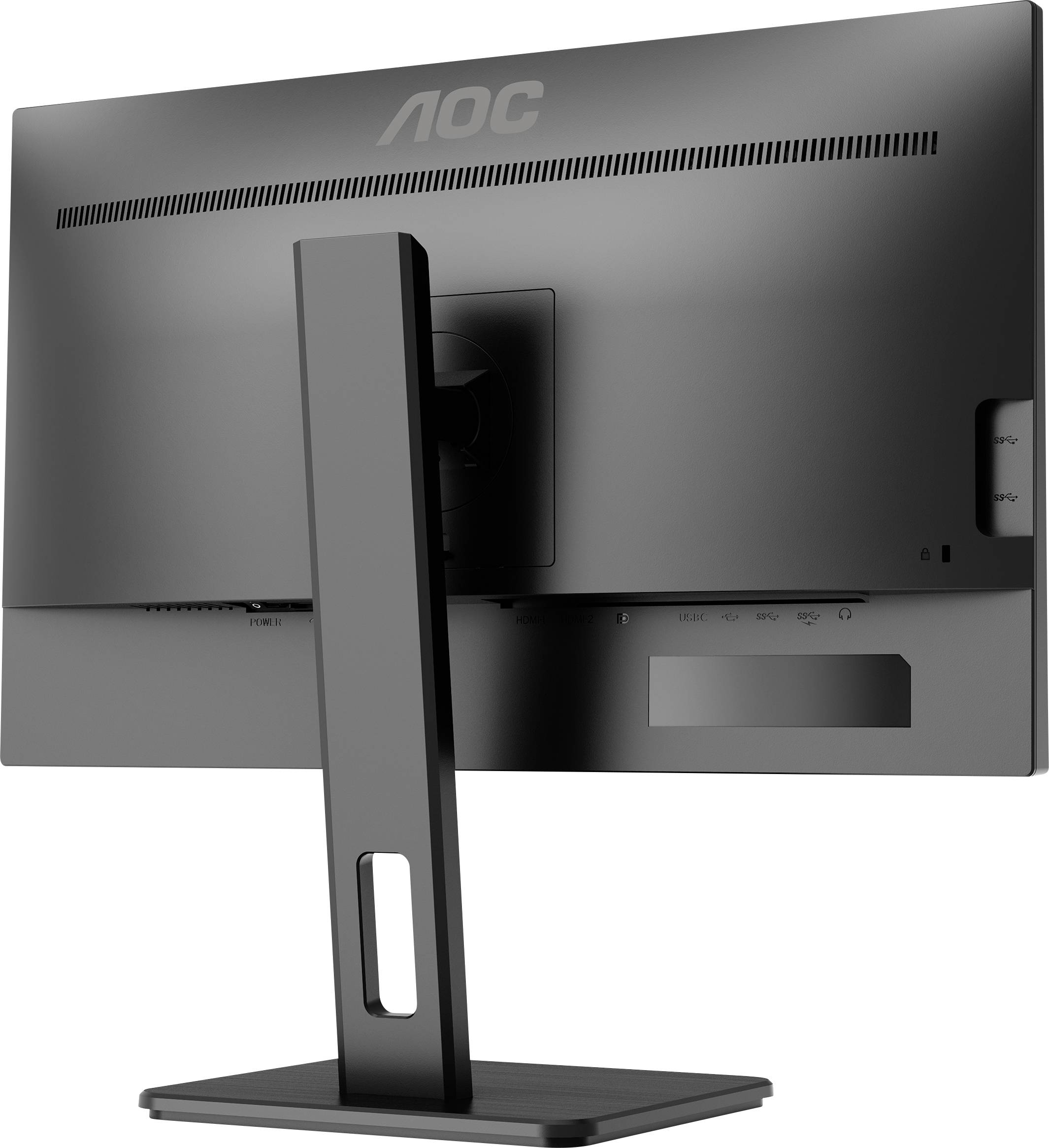 Vue arrière d'un moniteur d'ordinateur noir avec un socle rectangulaire stable, de marque AOC. Aucun autre détail visible.